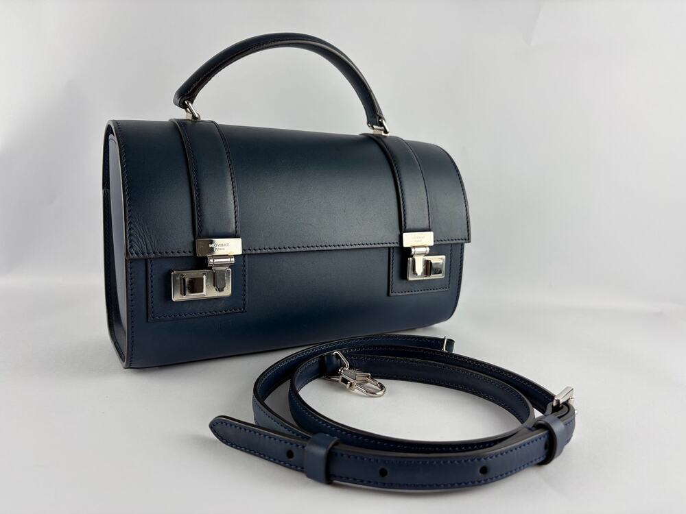 Moynat Cabotin Navy Leather Barrel Top Handle Bag + Strap